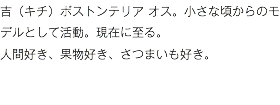 吉（キチ）ボストンテリア オス。小さな頃からのモデルとして活動。現在に至る。 人間好き、果物好き、さつまいも好き。 